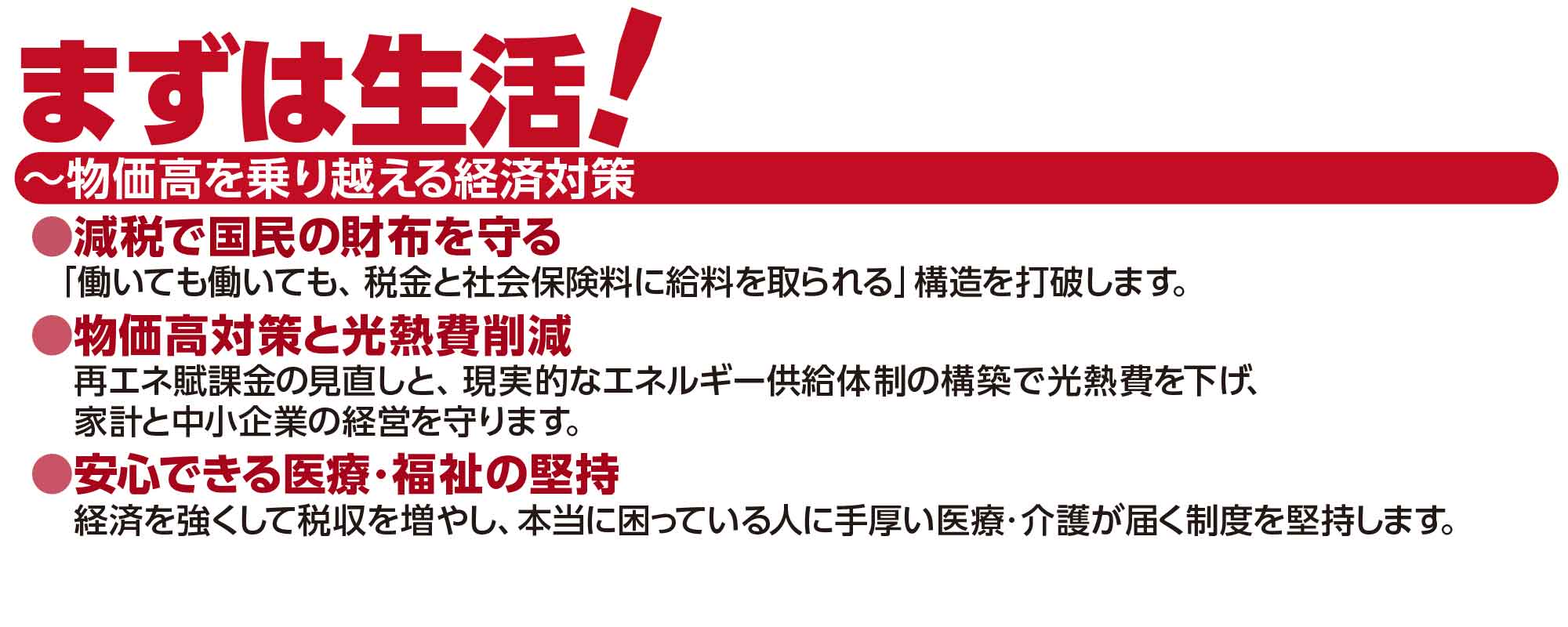 くらしを守る：1.物価⾼の克服と賃上げの実現 2.徹底した災害対策と被害地の復旧・復興 3.安⼼できる医療・介護・福祉の充実 4.サポートが必要な⽅、困難を抱えた⽅に寄り添う⽀援 5.⽣きる⼒を育てる教育と⼈への投資 6.いのちとくらしを守る防衛⼒の強化