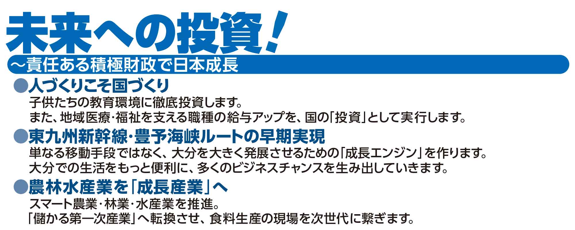 未来を切り拓く：1.⼦どもを社会全体で育てるための⽀援 2.企業の成⻑を全⼒サポート 3.農林⽔産業の成⻑産業化と所得向上 4.先端科学技術と脱炭素に⼤胆投資 5.東九州新幹線を具体的な計画に移⾏ 6.⽇本国憲法を新しい時代の憲法に
