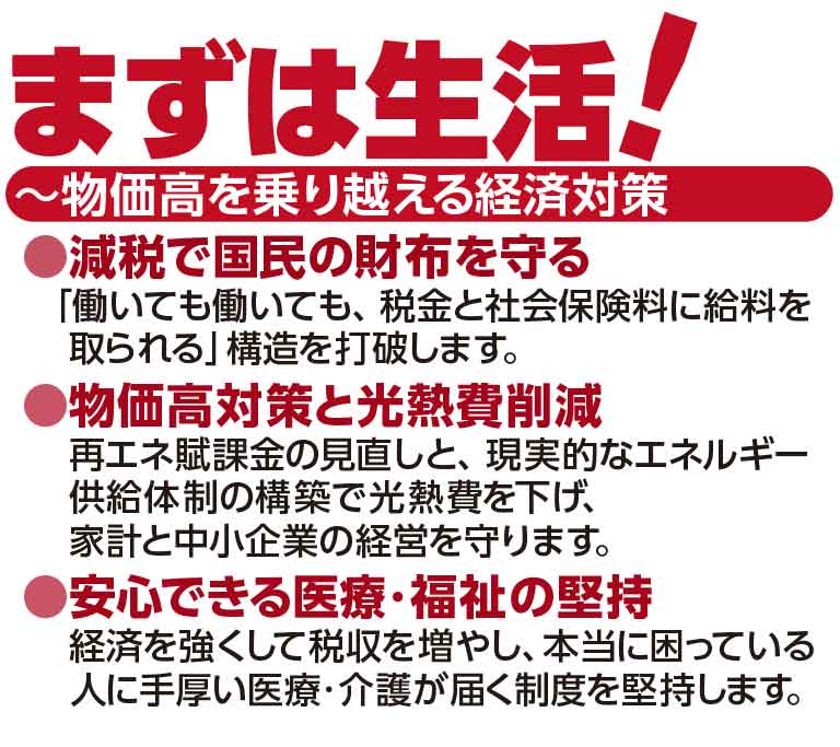 くらしを守る：1.物価⾼の克服と賃上げの実現 2.徹底した災害対策と被害地の復旧・復興 3.安⼼できる医療・介護・福祉の充実 4.サポートが必要な⽅、困難を抱えた⽅に寄り添う⽀援 5.⽣きる⼒を育てる教育と⼈への投資 6.いのちとくらしを守る防衛⼒の強化