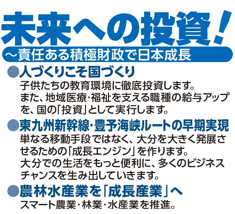 未来を切り拓く：1.⼦どもを社会全体で育てるための⽀援 2.企業の成⻑を全⼒サポート 3.農林⽔産業の成⻑産業化と所得向上 4.先端科学技術と脱炭素に⼤胆投資 5.東九州新幹線を具体的な計画に移⾏ 6.⽇本国憲法を新しい時代の憲法に